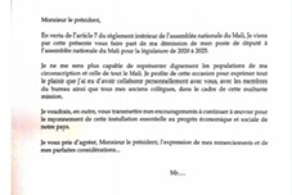 Voici un exemplaire de lettre de démission à faire signer par les candidats aux élections législatives. 